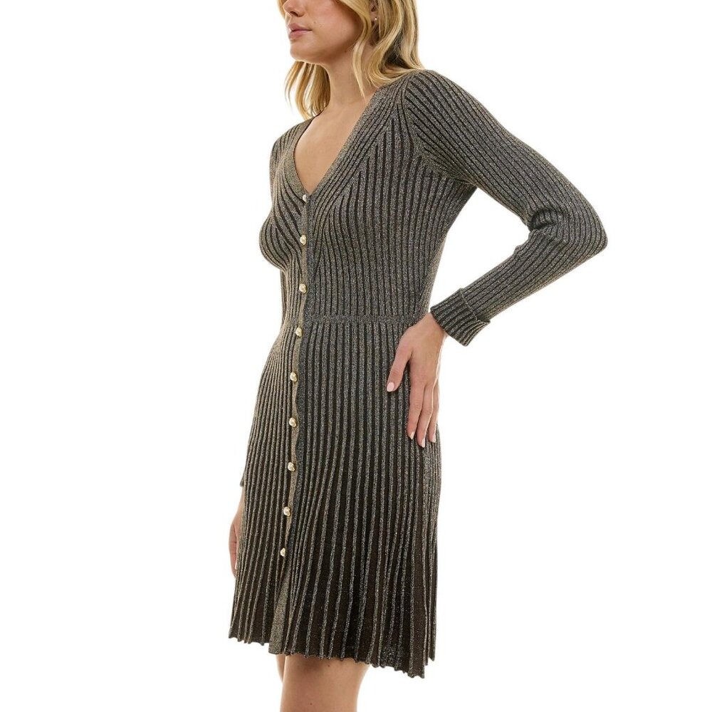 NWT Taylor Womens Petite Metallic Fit Flare Sweater Dress 6750P Brown / Gold PM - Picture 4 of 9
